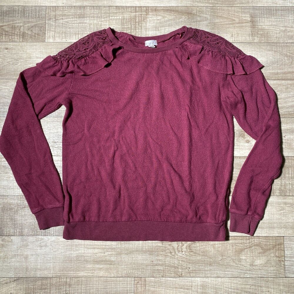Self Esteem Lace Ruffle Shoulder Maroon Sweater Top Size S  Women